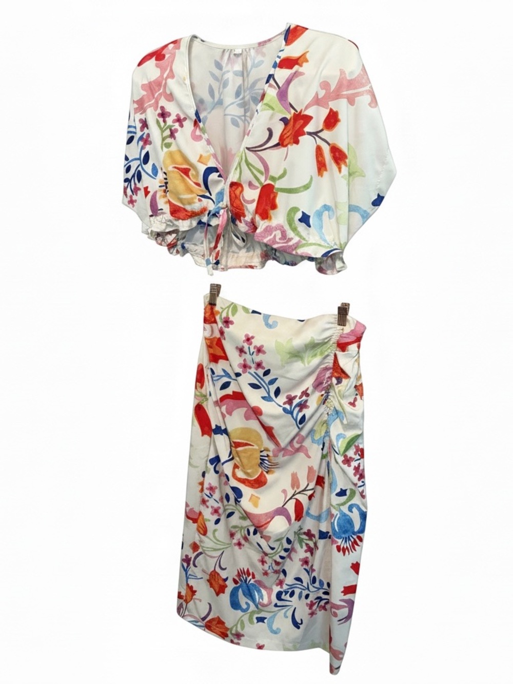 Floral Two Piece Set | Crop Top & Ruched Midi Skirt | Tropical Print | Size L